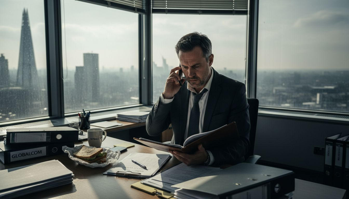 Sales Director stands in corner office with reports
