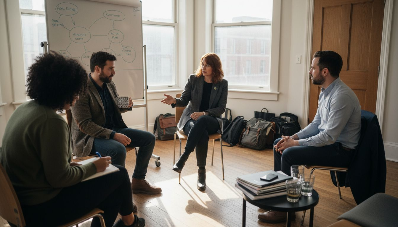 Professionals in group coaching session semi-circle