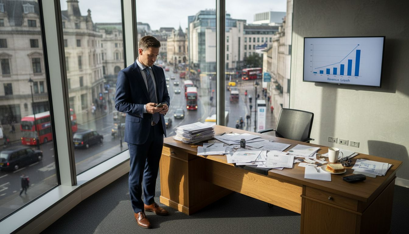 Sales manager reviewing reports in city office
