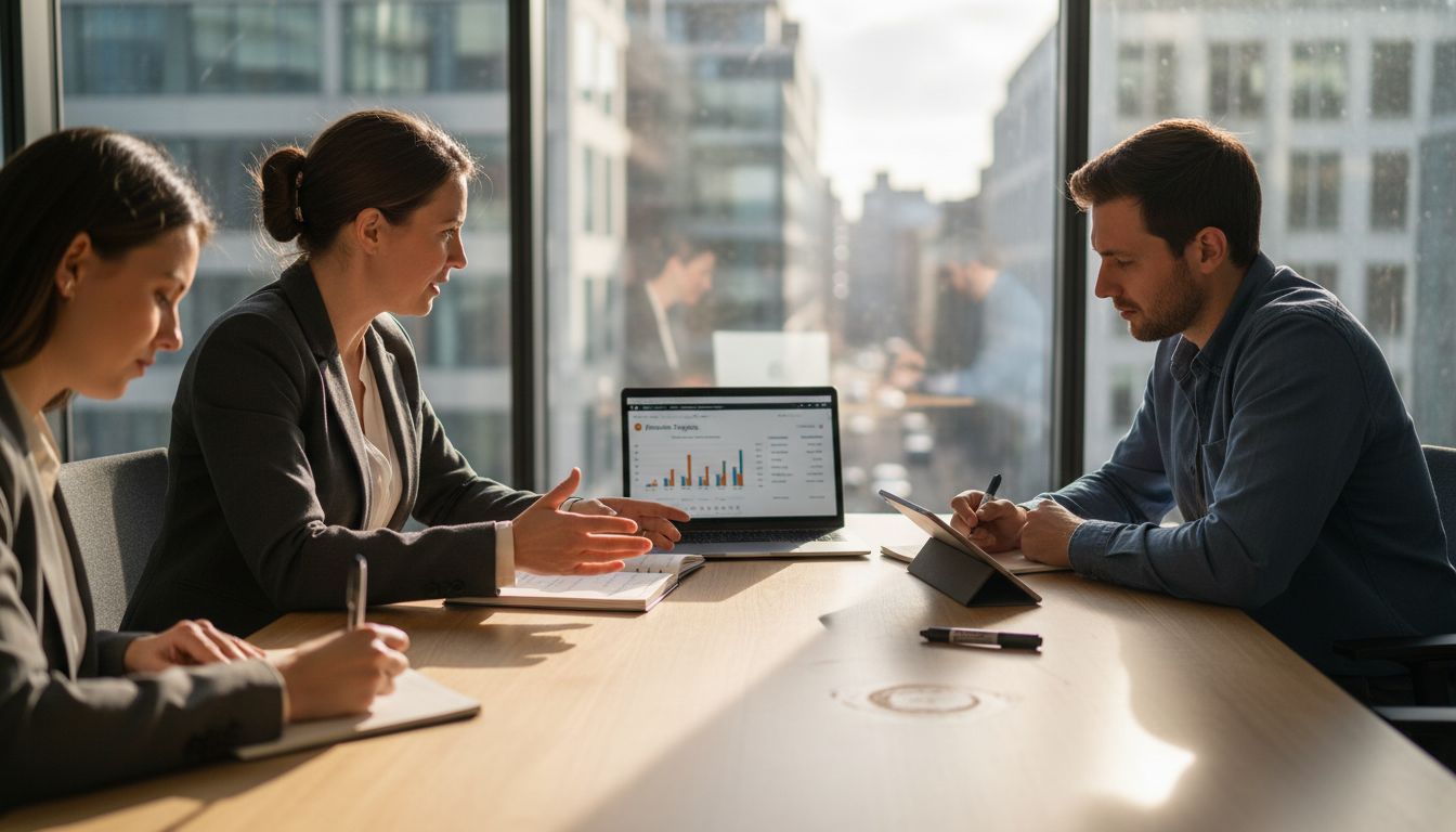 Manager coaching sales team in meeting room