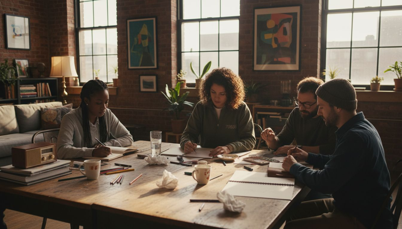 Adults painting and drawing at shared loft table