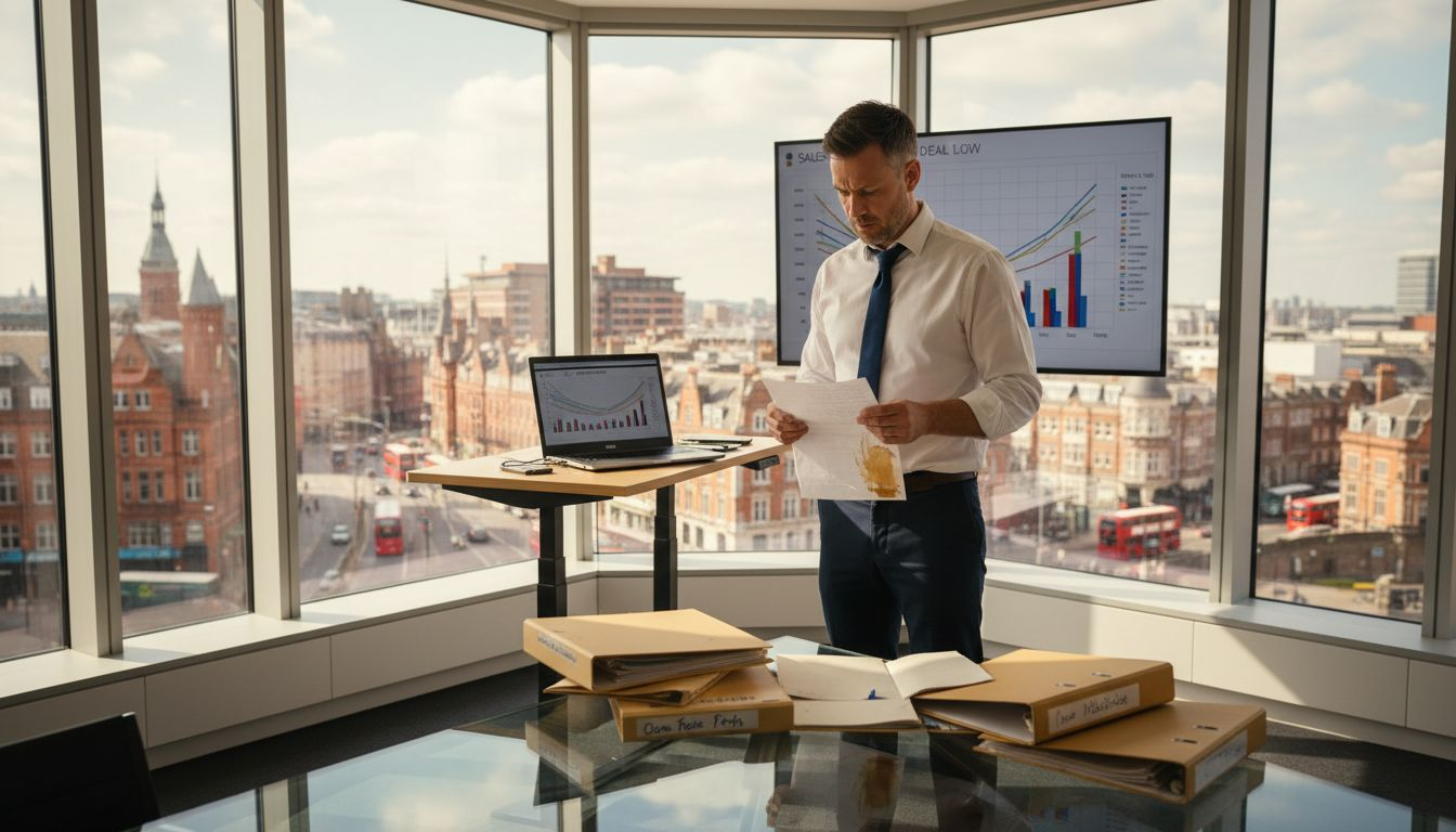 Sales leader checking management checklist in sunny corner office
