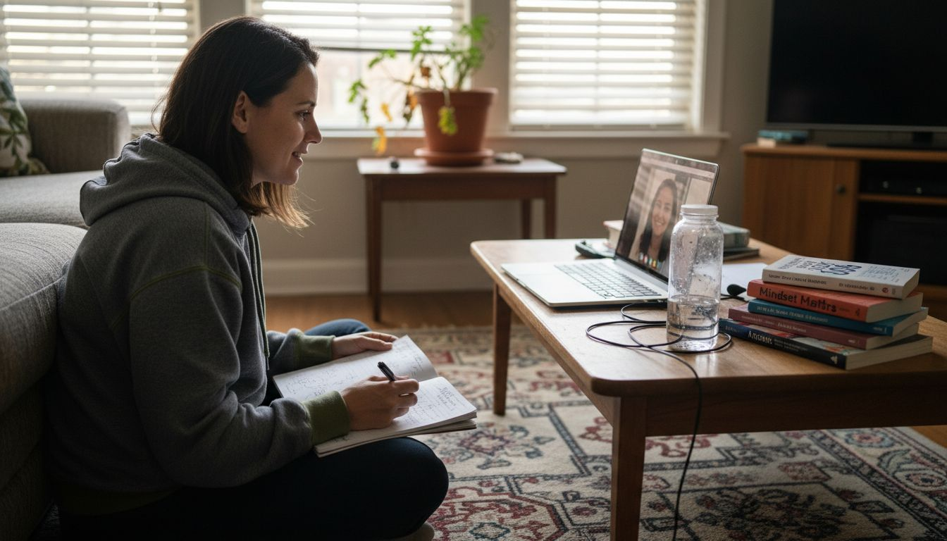 Woman in home coaching session video call