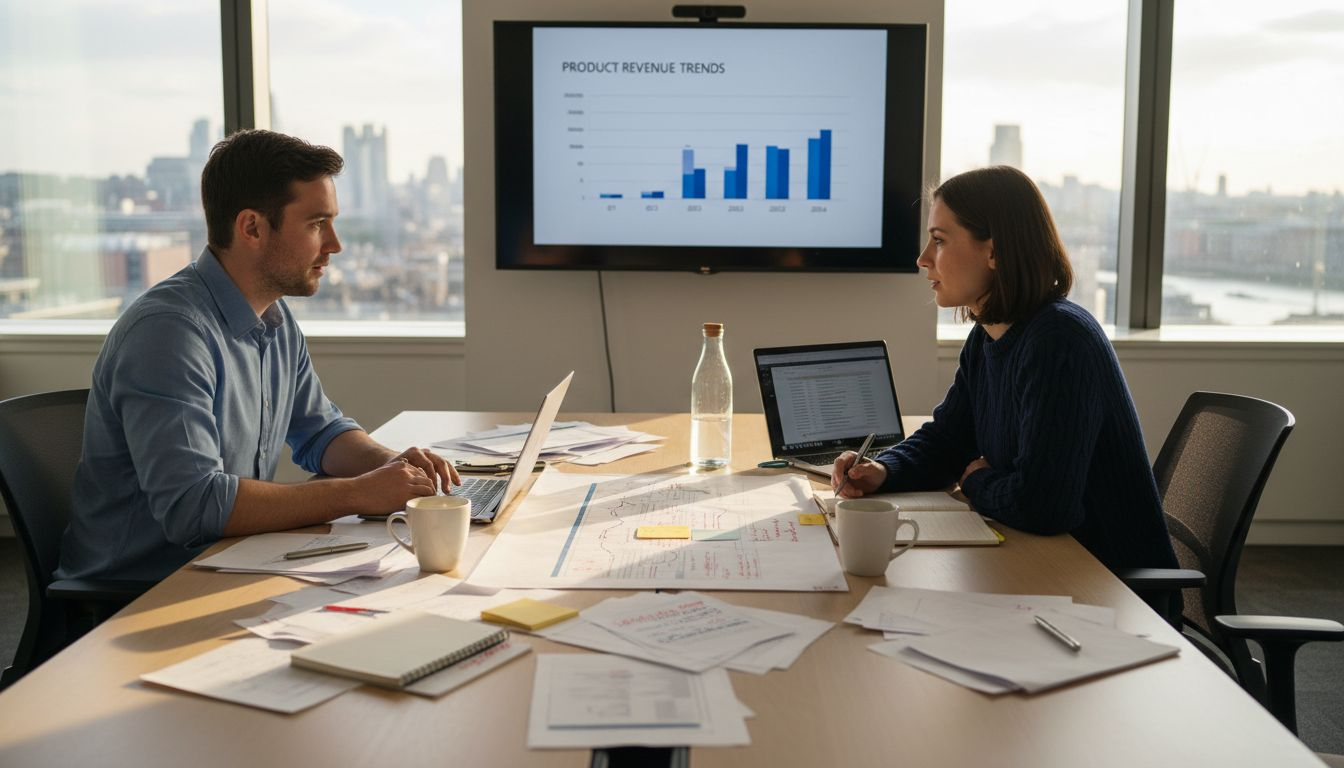 Sales engineer and product manager collaborating in office