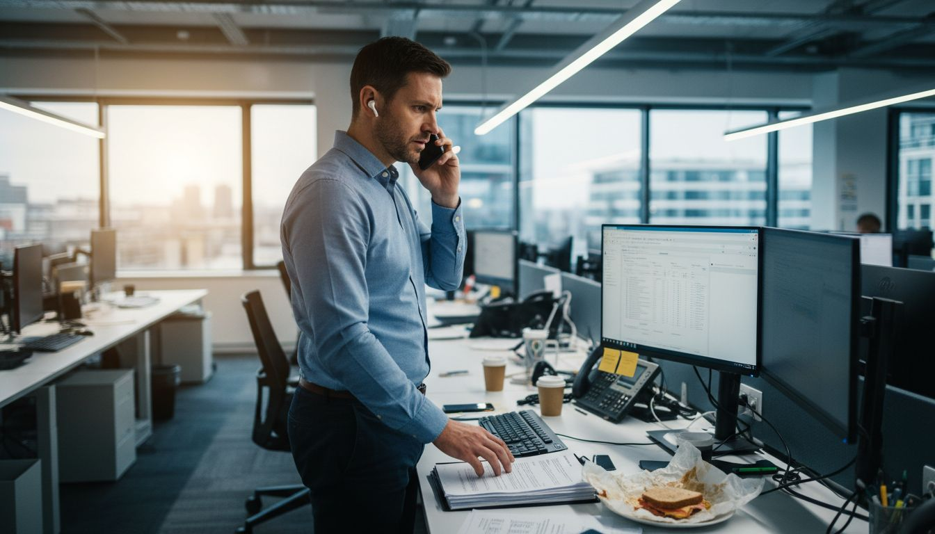 Enterprise account executive discussing sales at desk