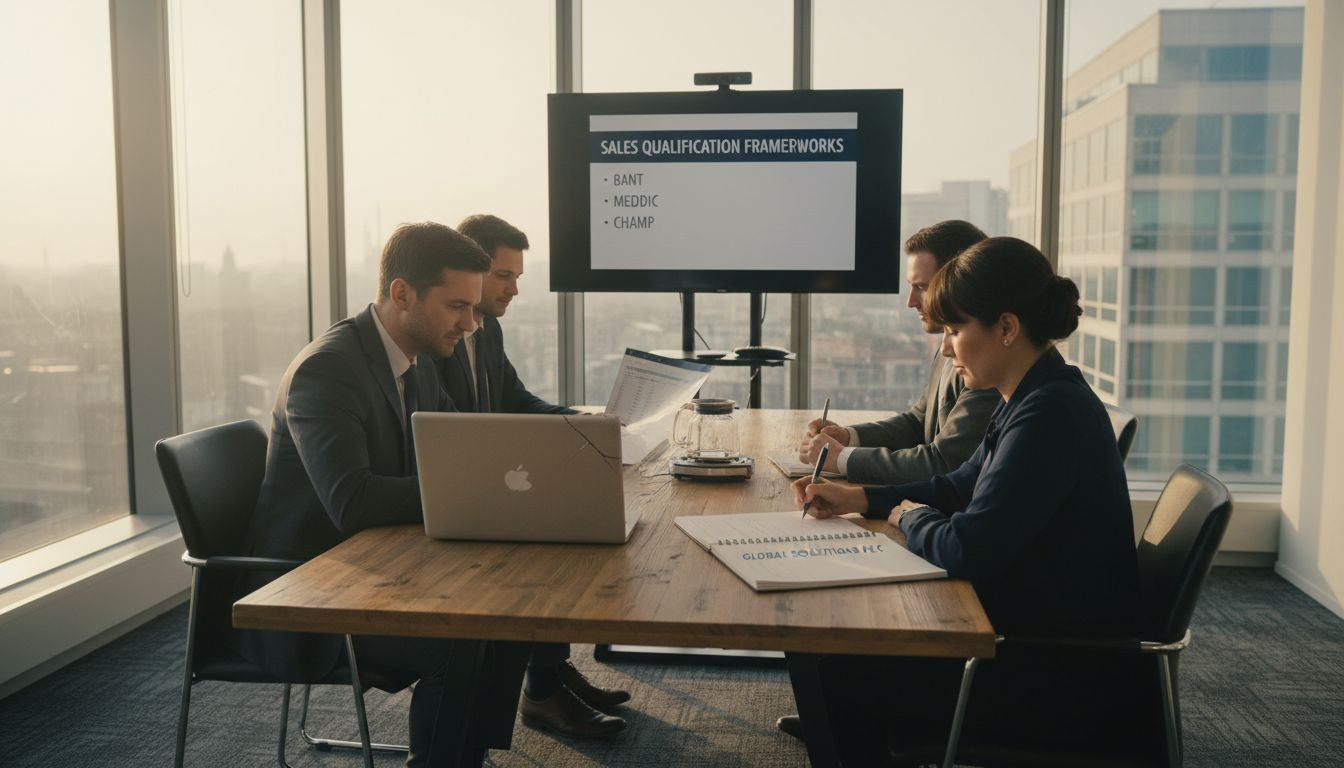 Sales team reviewing qualification frameworks in office