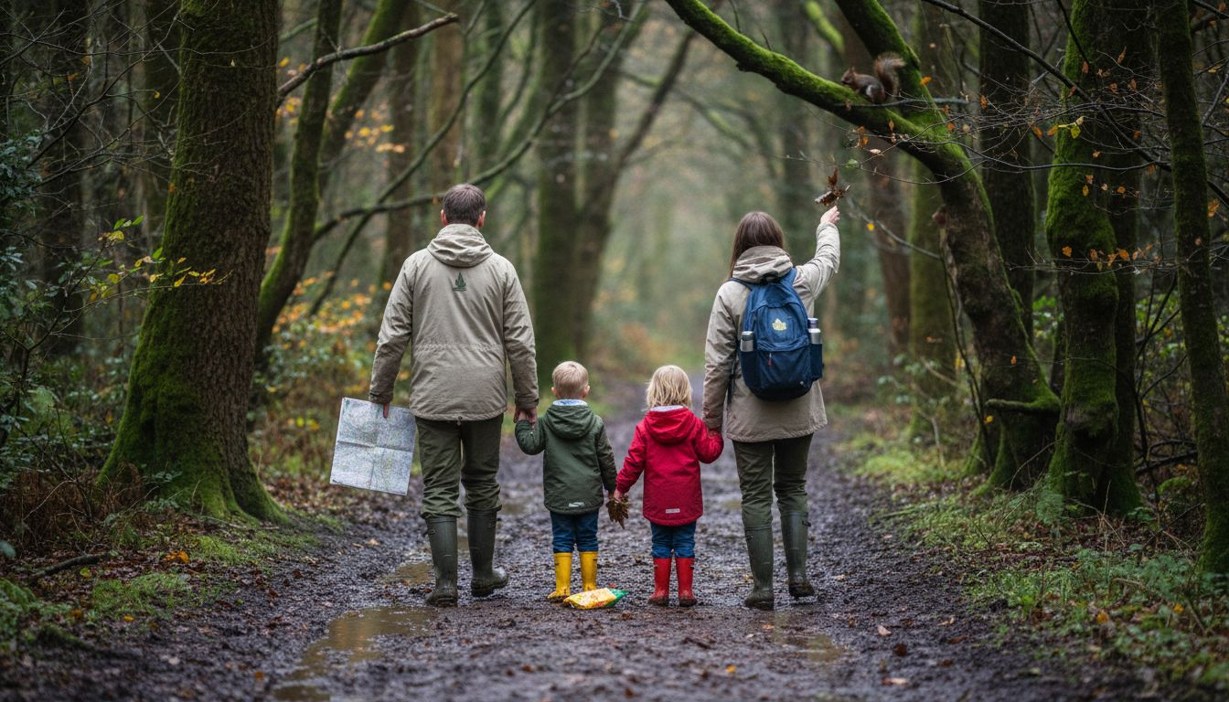 Family strolling along muddy UK forest path