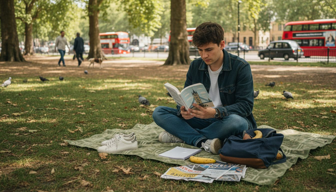 Man reading on blanket in a city park