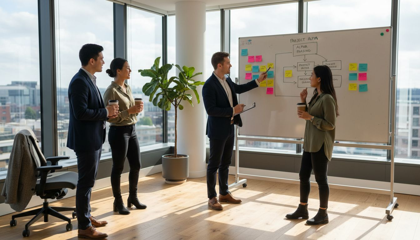 Office team reviewing wellbeing workflow board