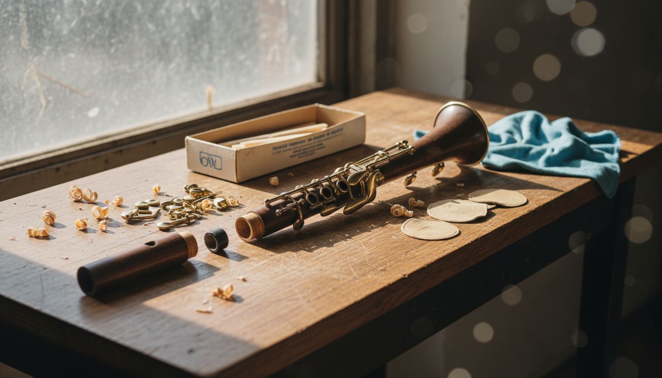 Clarinet parts arranged on a wooden table