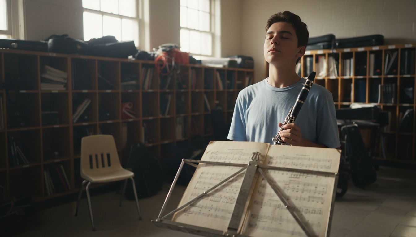 Student practicing clarinet breathing in band room