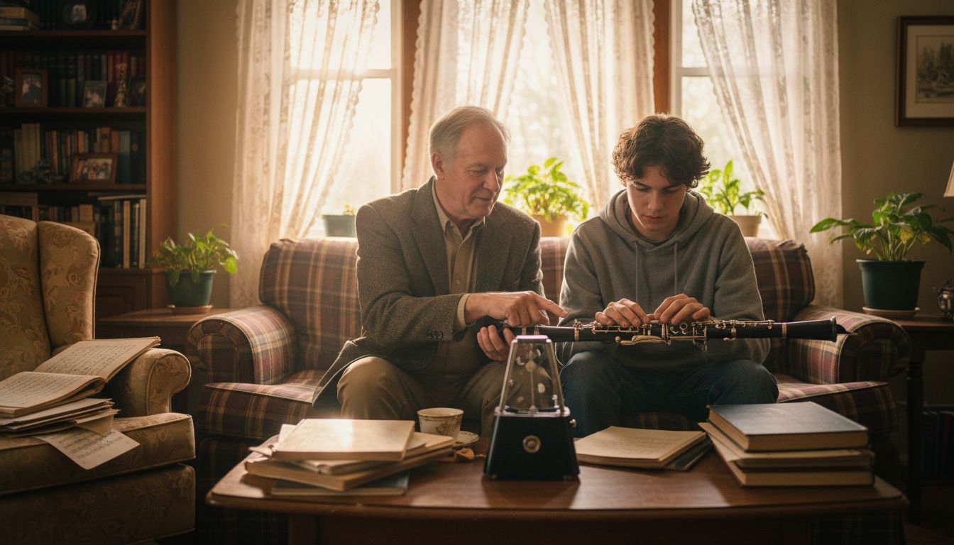 Clarinet teacher guiding young student at home
