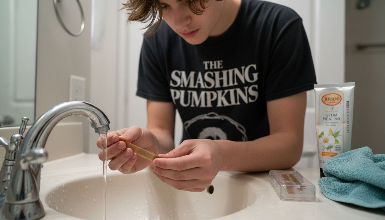 Young musician rinsing clarinet reed at sink