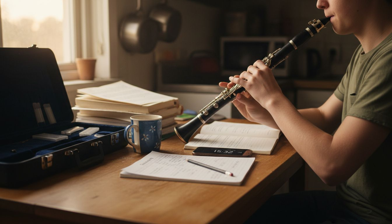 Student clarinetist practice scene at kitchen table