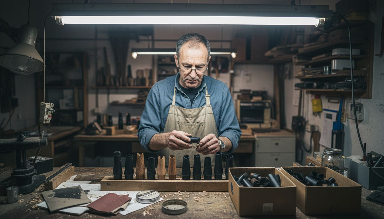 Craftsman comparing mouthpiece materials in workshop