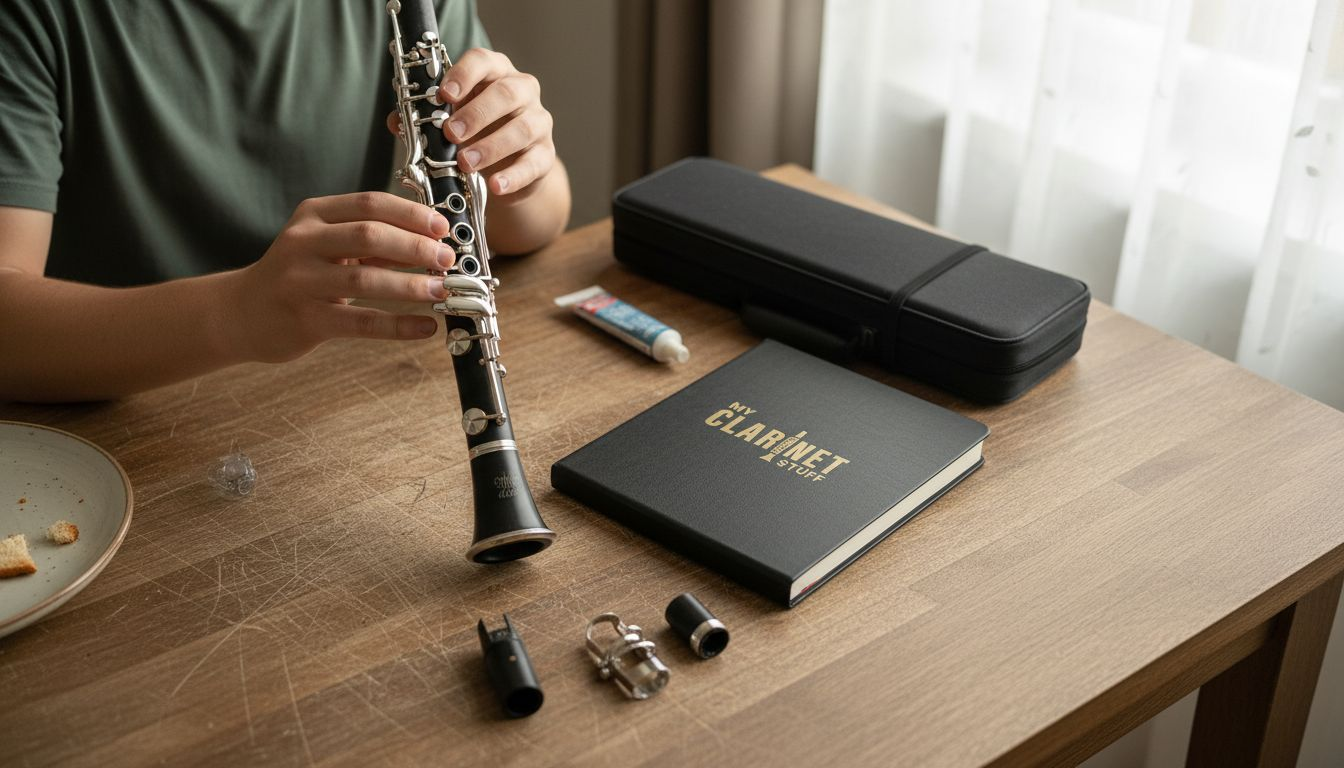 Clarinet player assembling instrument at kitchen table