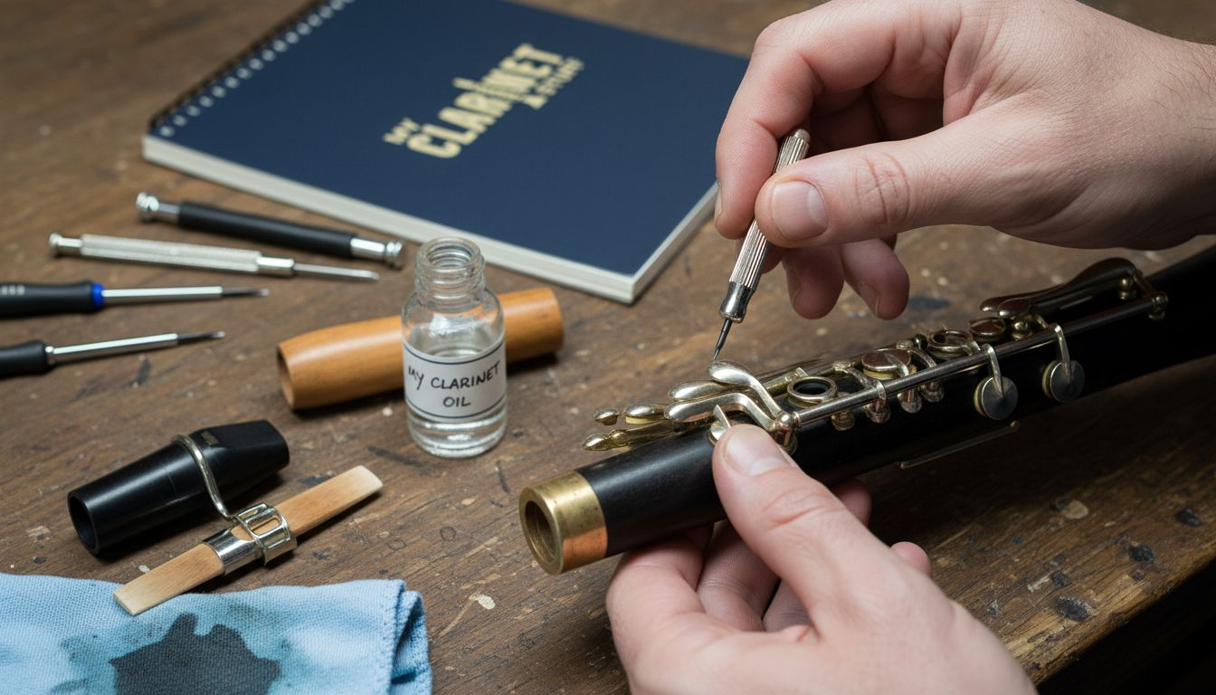 Hands oiling a sticky clarinet key joint
