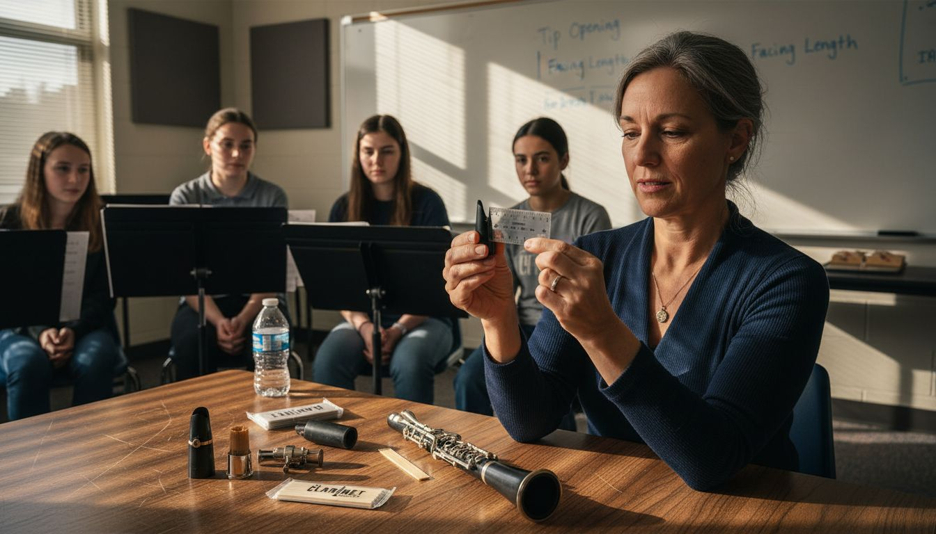 Director explaining clarinet mouthpiece tip opening