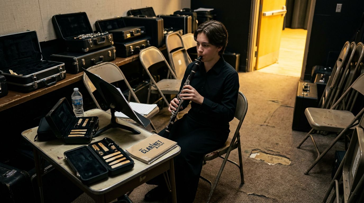 Clarinetist warming up backstage before tuning