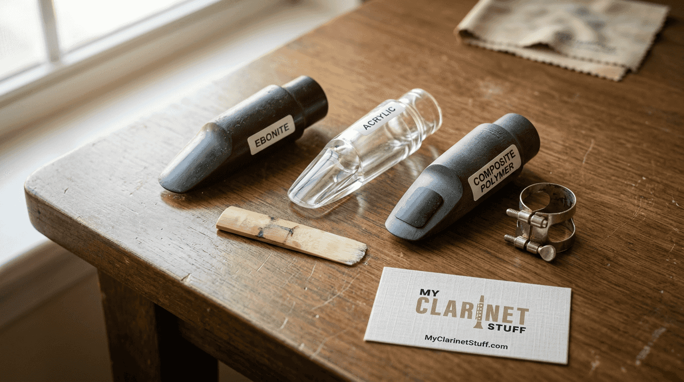 Different clarinet mouthpieces on wooden table