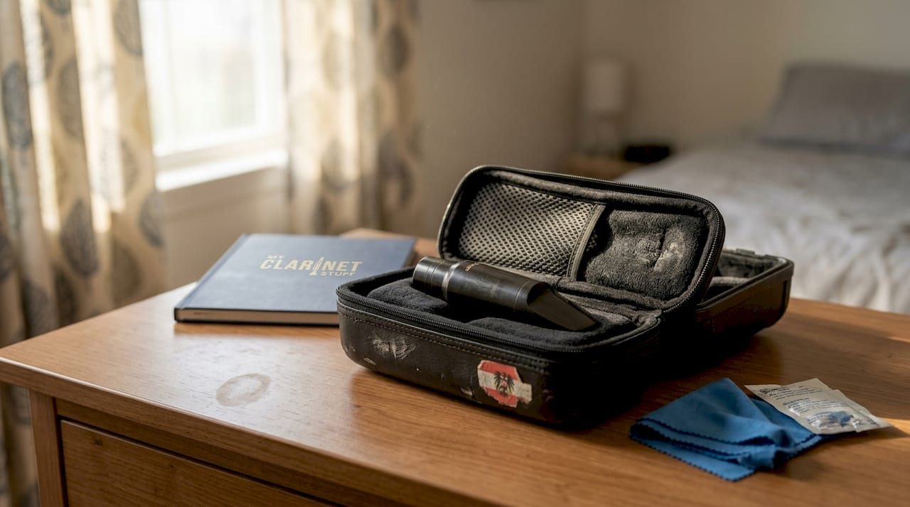 Clarinet mouthpiece in ventilated storage pouch