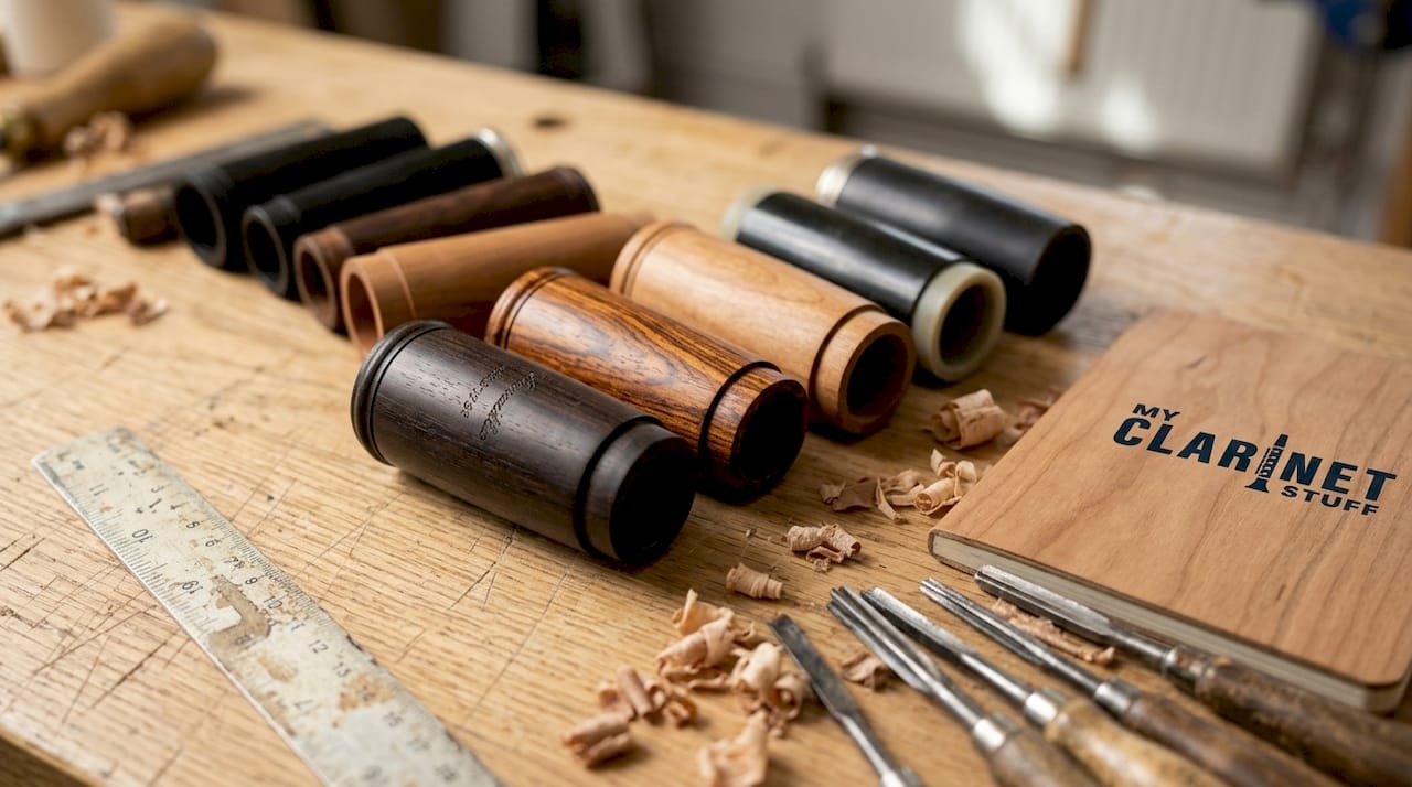 Different custom clarinet barrels on workbench