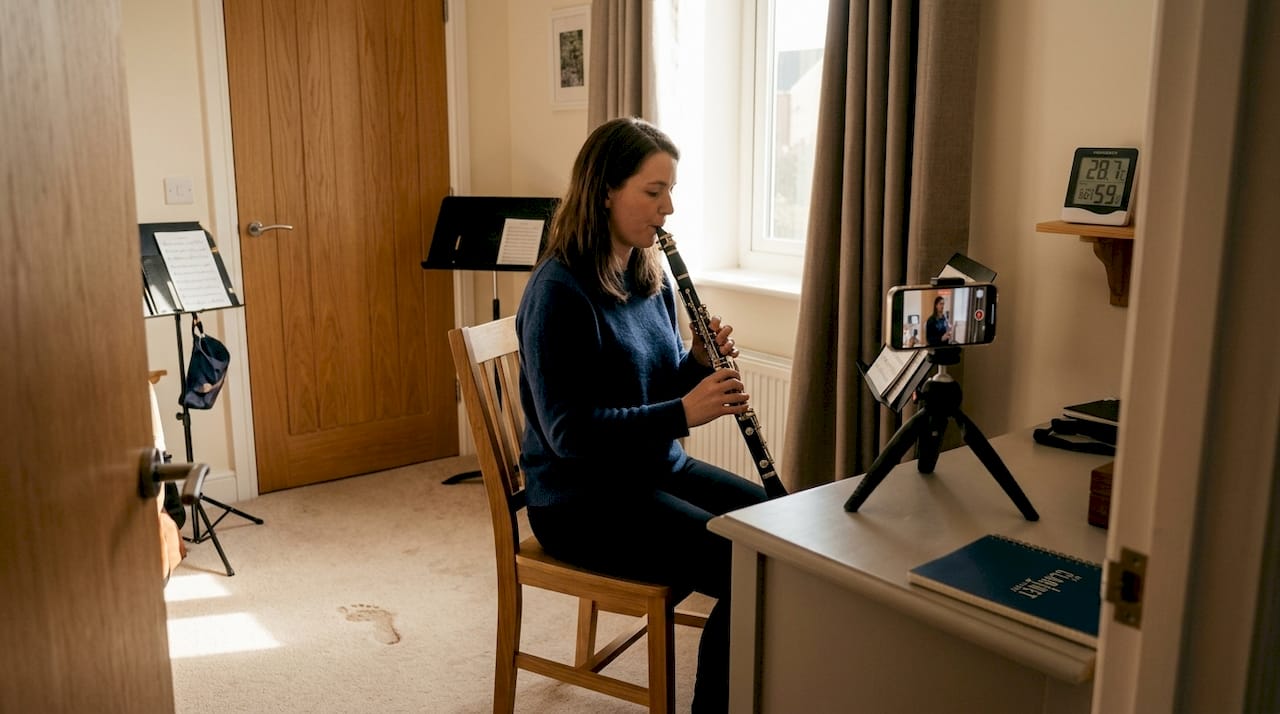 Clarinetist playtesting in quiet music room