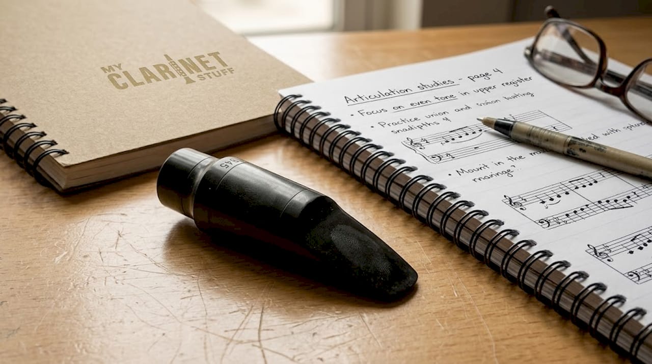 Close-up of hard rubber clarinet mouthpiece on desk
