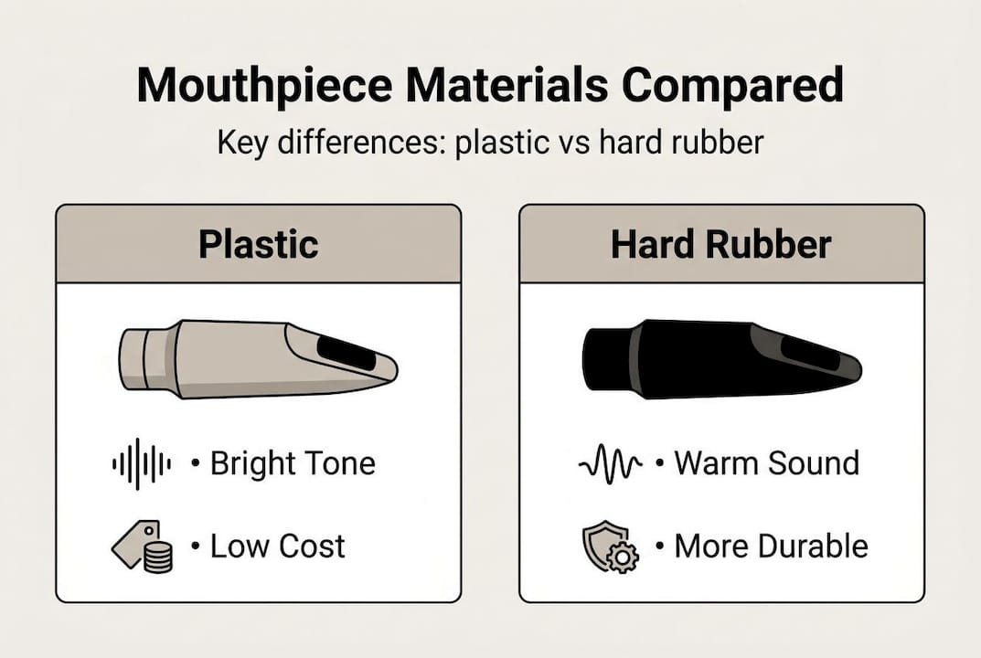 Infographic showing key differences between plastic and hard rubber clarinet mouthpieces