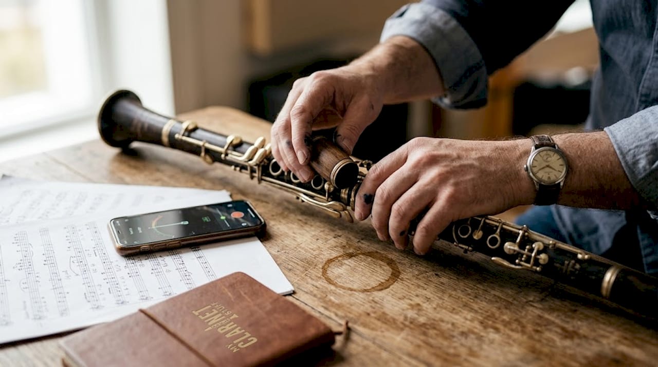 Hands adjusting clarinet barrel on rehearsal table