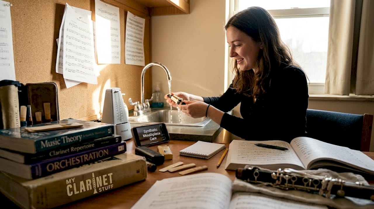 Student cleaning synthetic clarinet mouthpiece