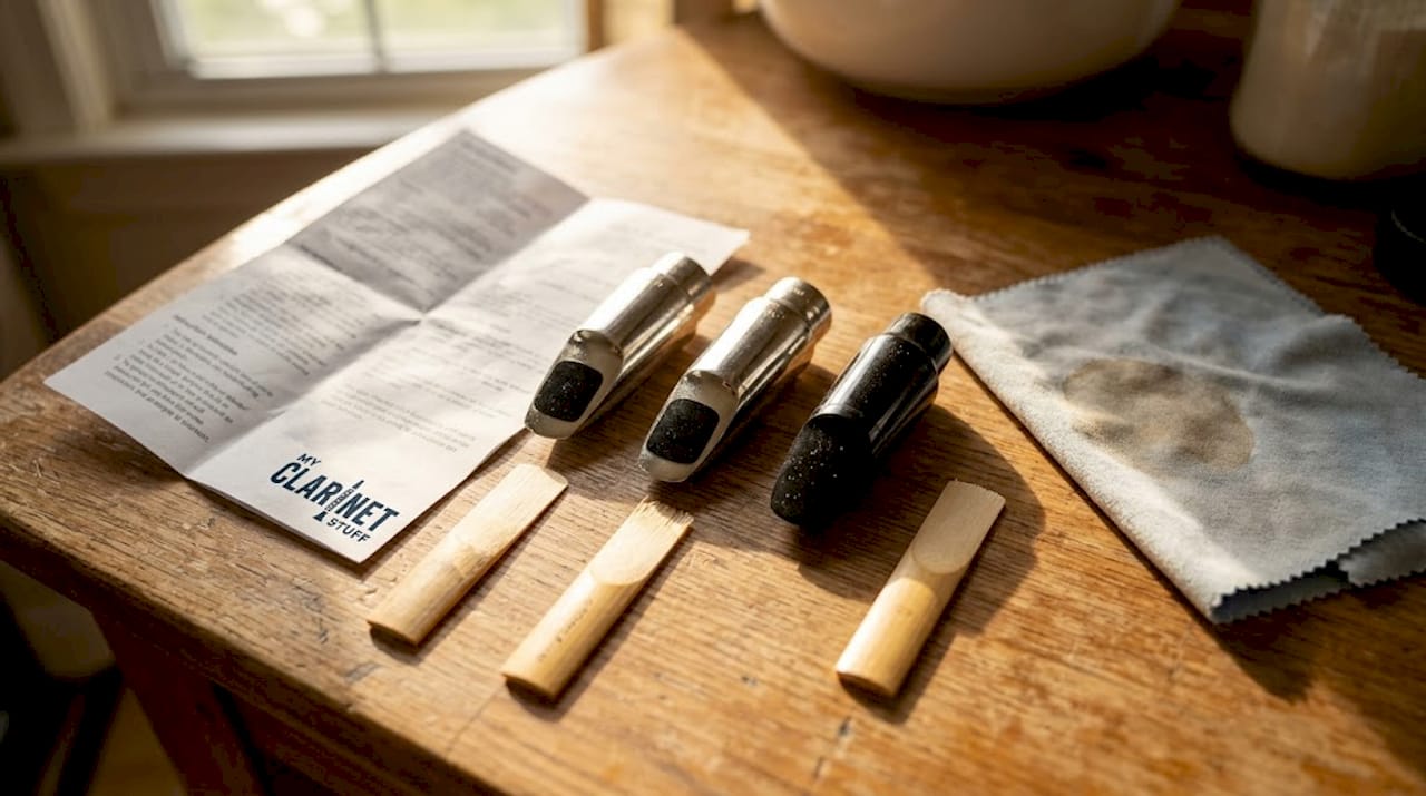 Clarinet Tone Color: Techniques and Mouthpiece Choices Clarinet mouthpieces and reeds compared on table