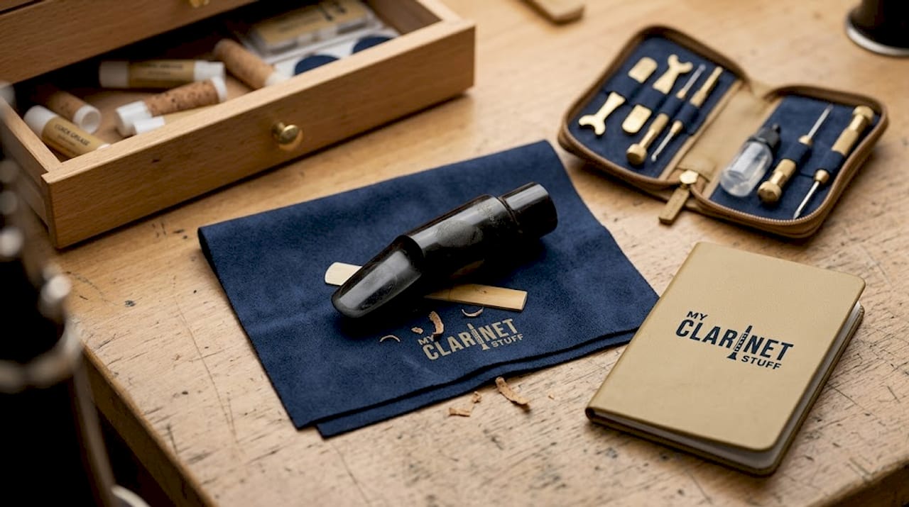 Clarinet mouthpiece closeup on workbench