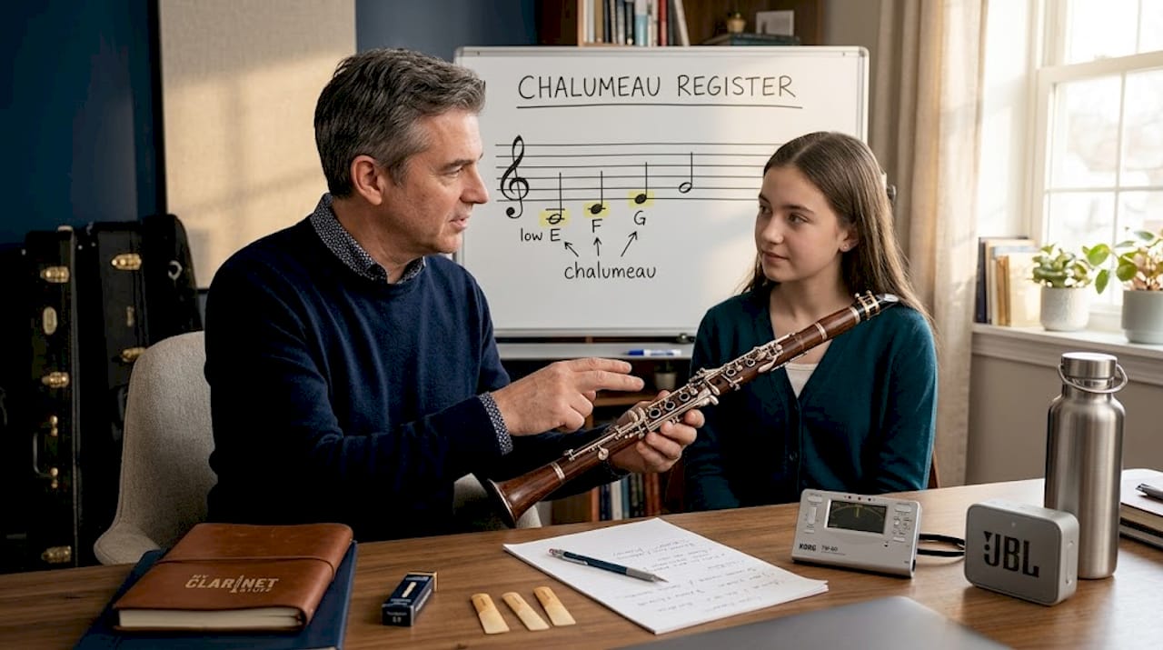 Music teacher demonstrating chalumeau register