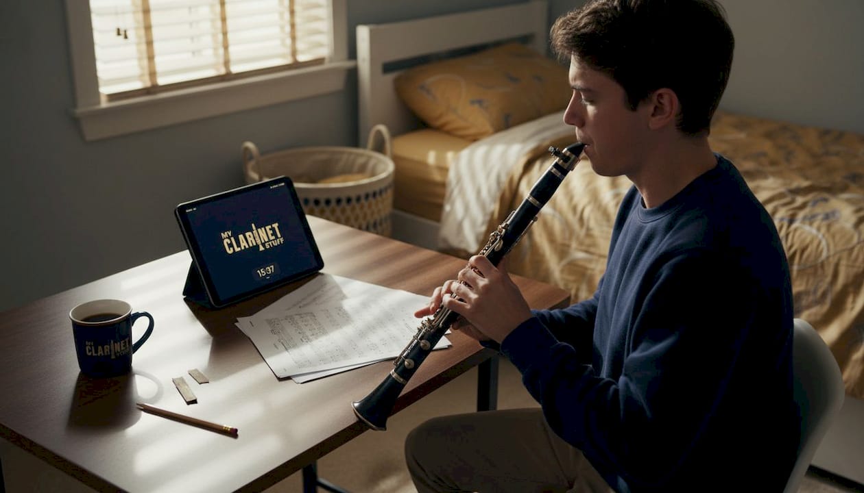 Student practicing clarinet with timer and metronome
