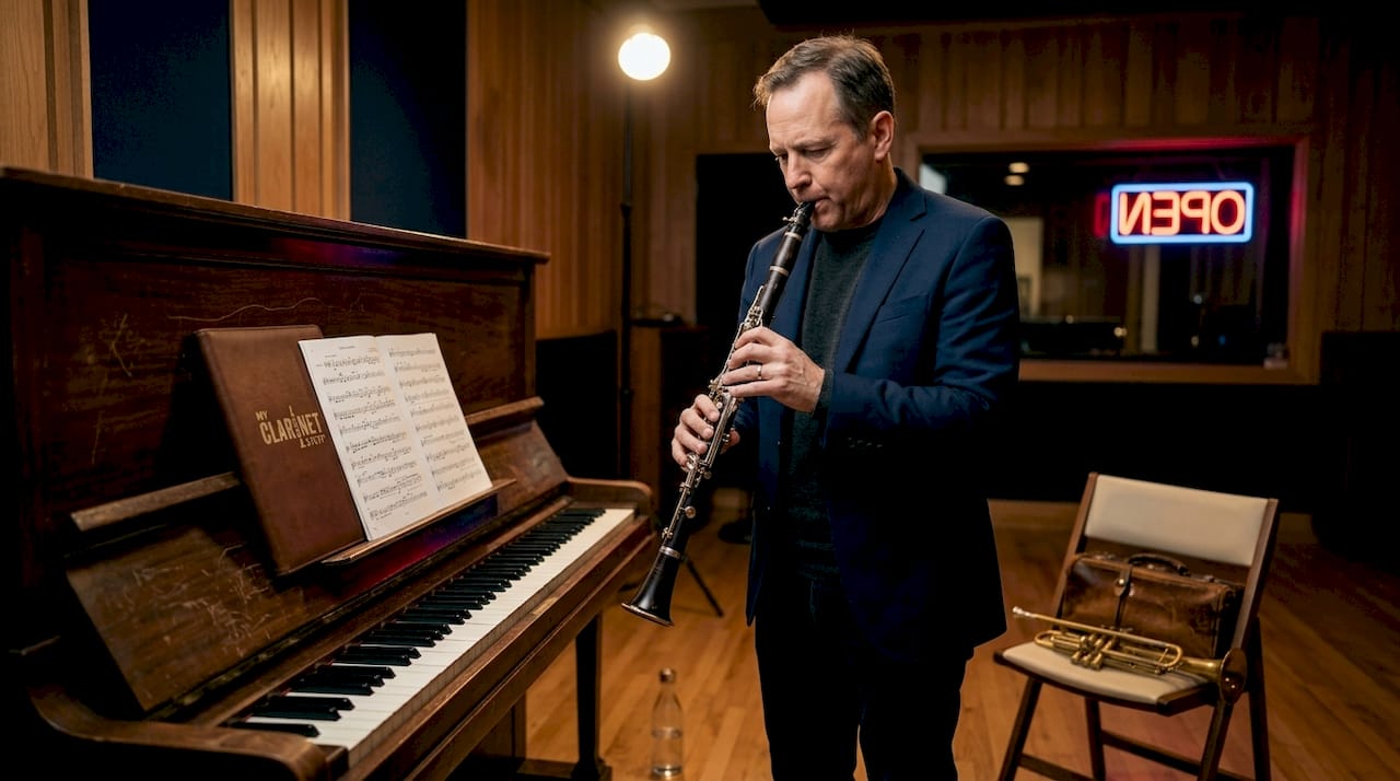 Jazz clarinetist playing in rehearsal space
