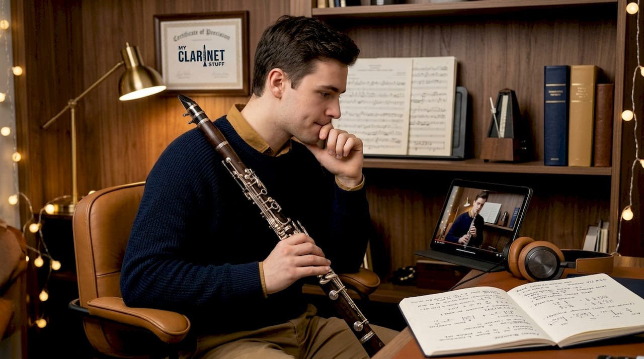 How to Improve Clarinet Tone: A Practical Guide Clarinetist watching self-critique practice video