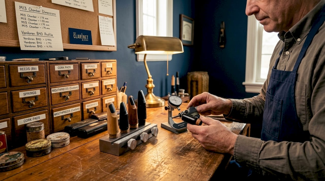 What Is Mouthpiece Profiling for Clarinetists? Technician measuring clarinet mouthpieces in studio