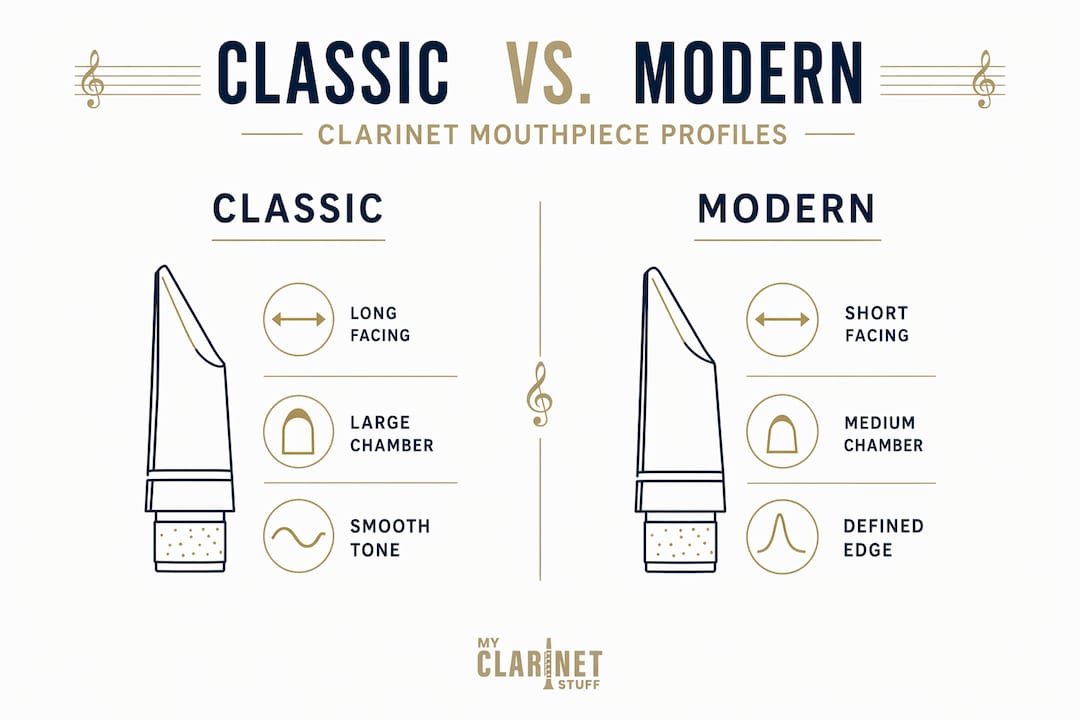 What Is Mouthpiece Profiling for Clarinetists? Infographic compares classic and modern clarinet mouthpiece profiles