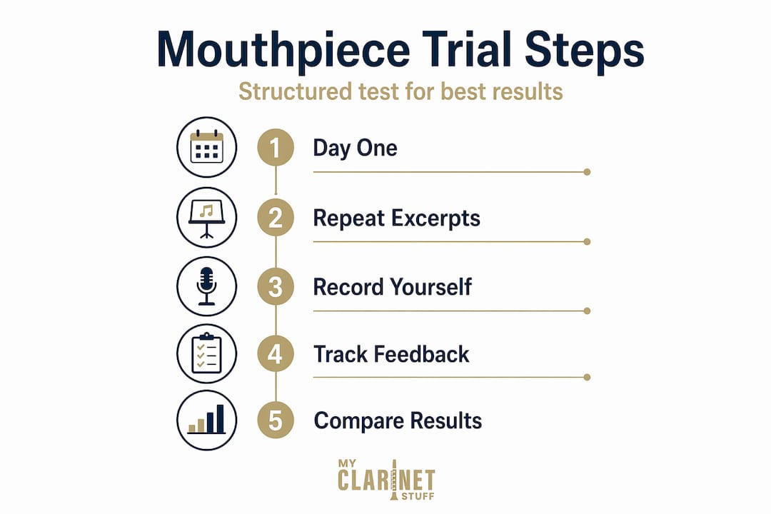Why Clarinetists Need Test Options to Play Better Infographic showing clarinet mouthpiece trial steps