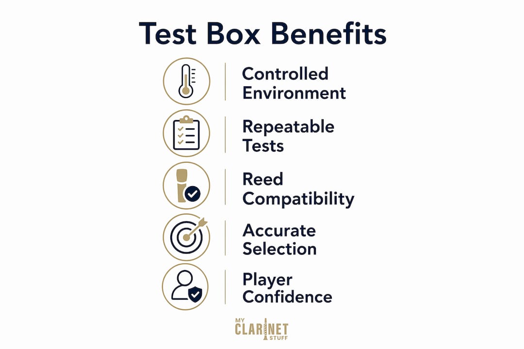 Why Use Test Mouthpiece Boxes for Clarinet Selection Infographic showing main benefits of test mouthpiece boxes