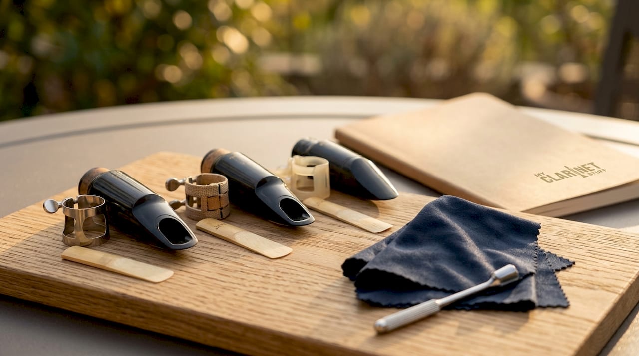 Why Use Test Mouthpiece Boxes for Clarinet Selection Clarinet mouthpieces with reeds arranged on slate