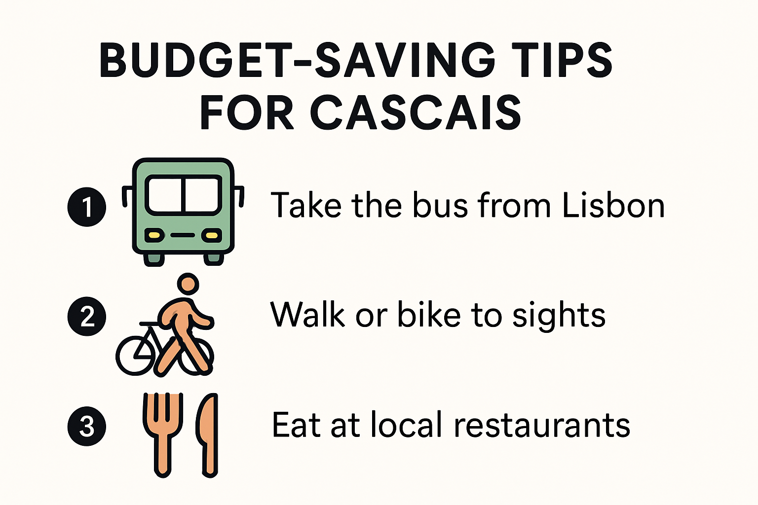 Infographic showing tips to save money on transportation and food in Cascais.