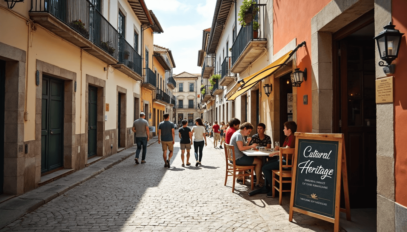 Portuguese medieval town street with café sign and people