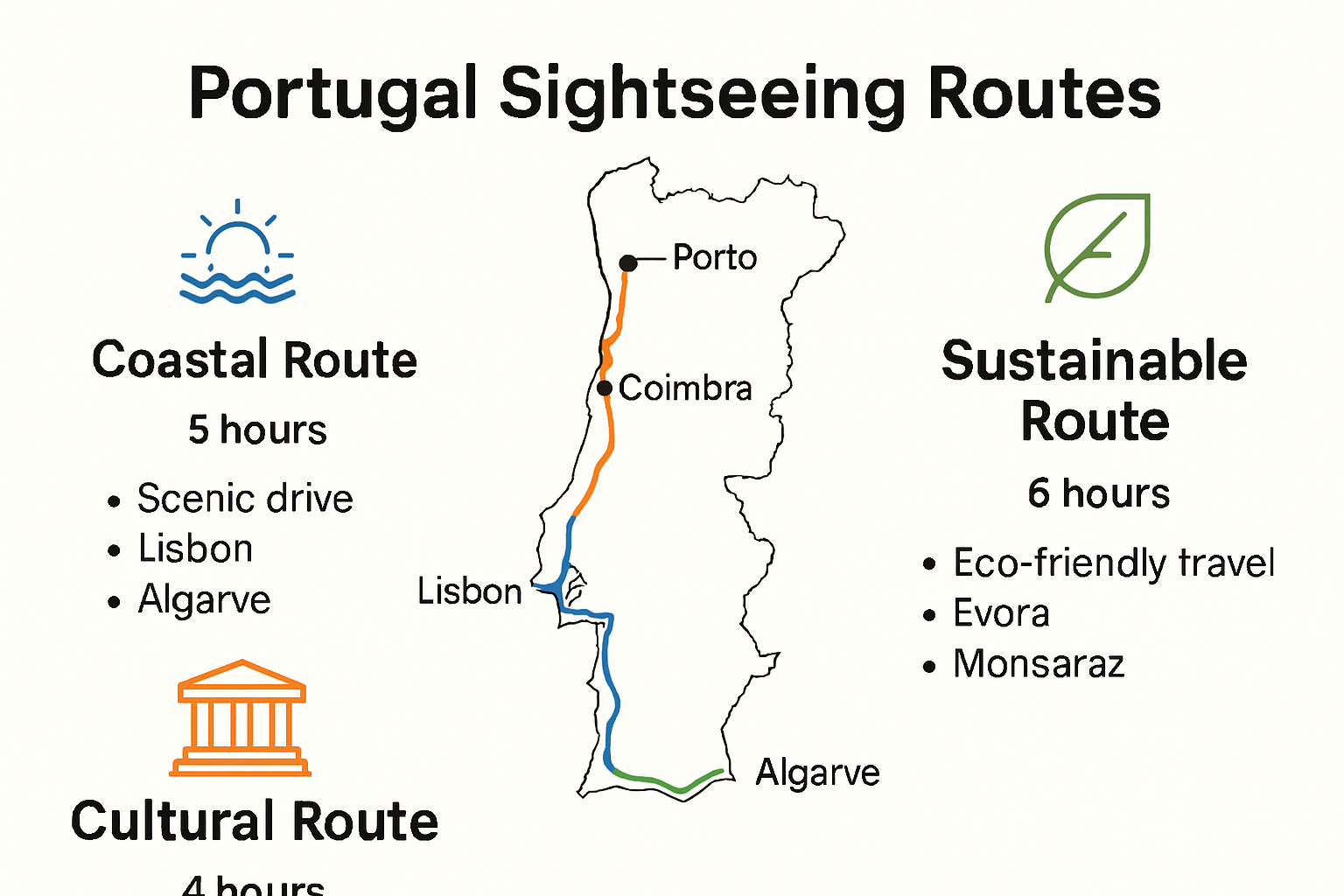 Map of top Portugal sightseeing routes with key stops