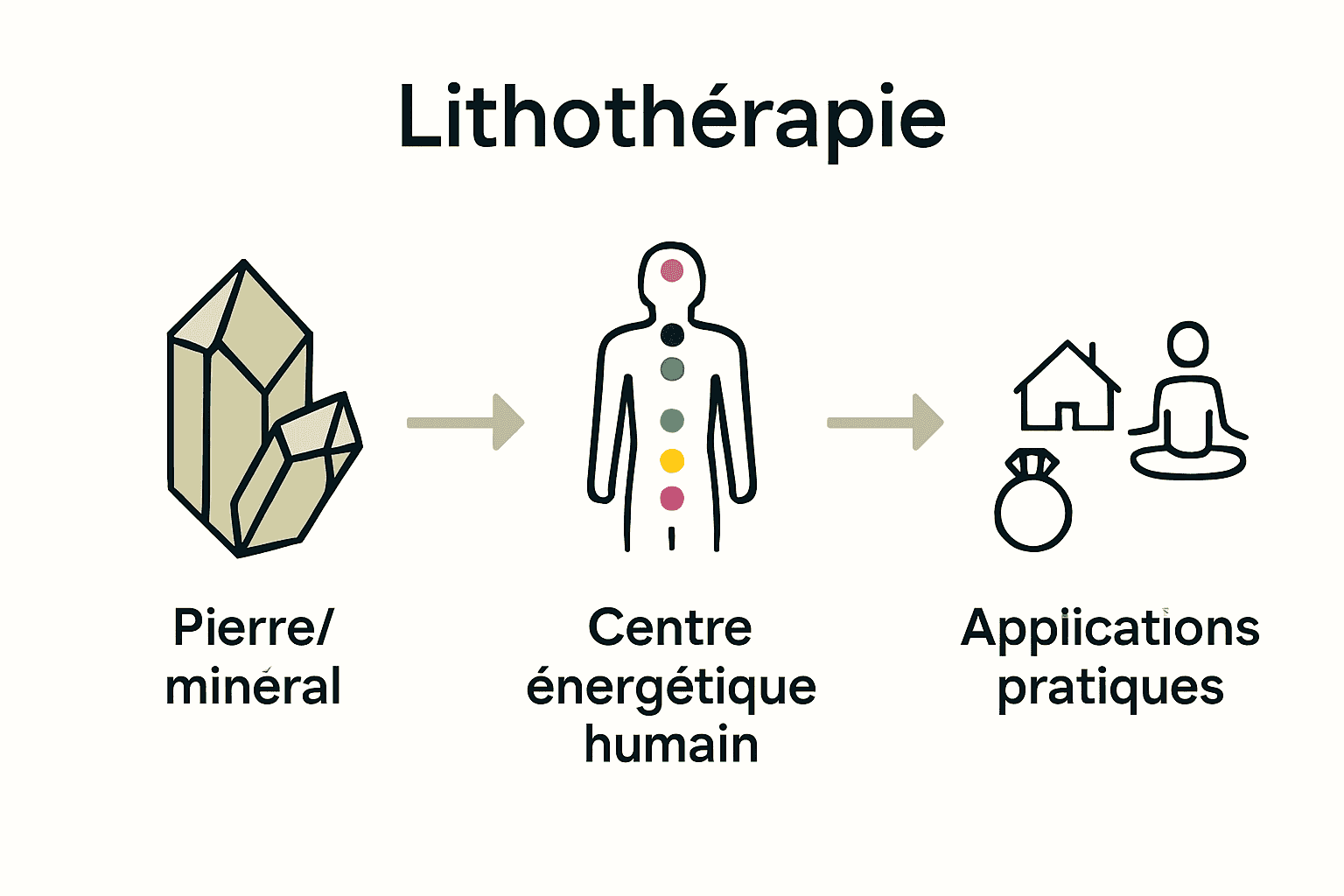 Infographie montrant processus lithothérapie pierre énergie application