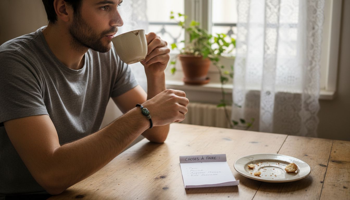 Un homme assis à la table de la cuisine porte un bracelet en pierres naturelles.