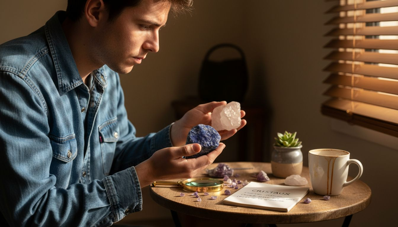 Un homme en train de comparer deux pierres de protection