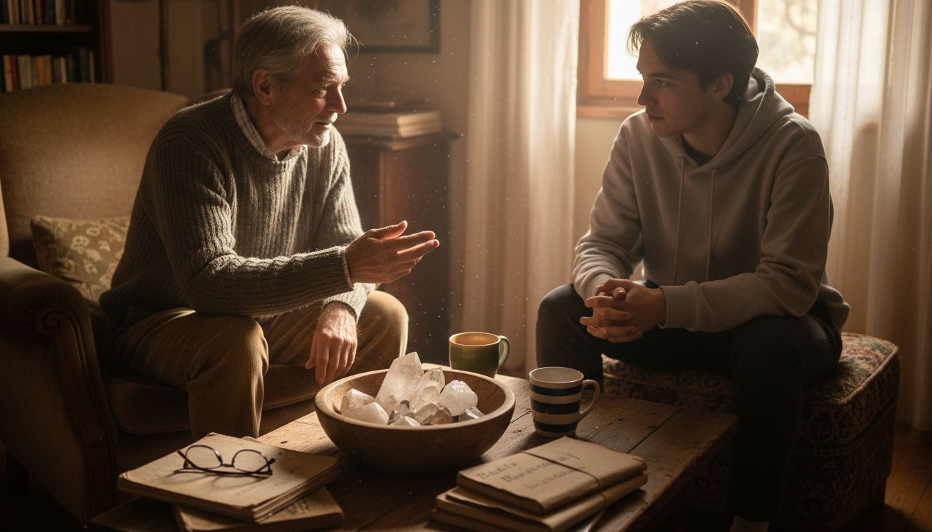 Un homme raconte son expérience avec la lithothérapie à une personne attentive.