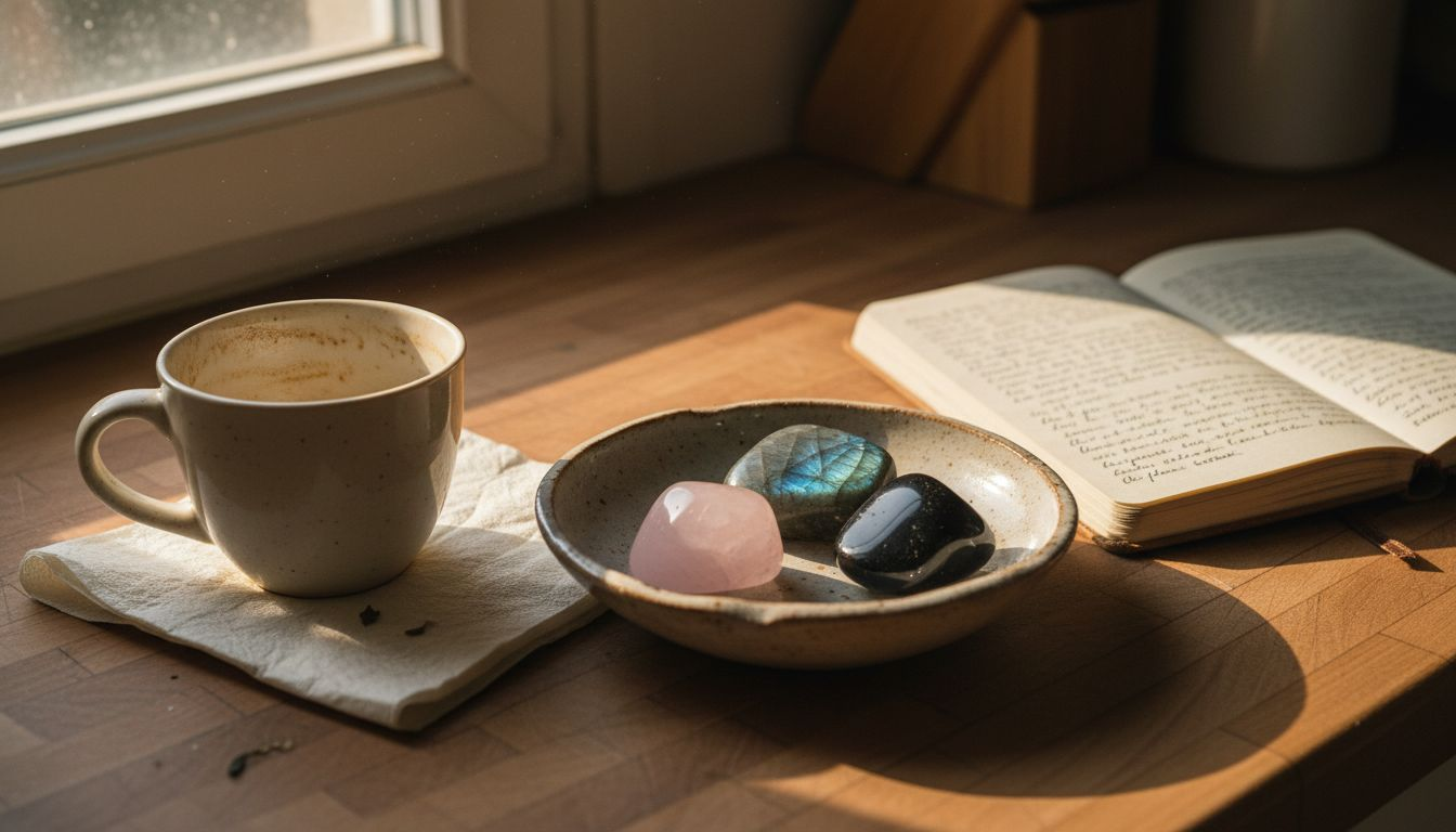 Quelques pierres précieuses joliment disposées dans un petit plat sur le plan de travail de la cuisine.